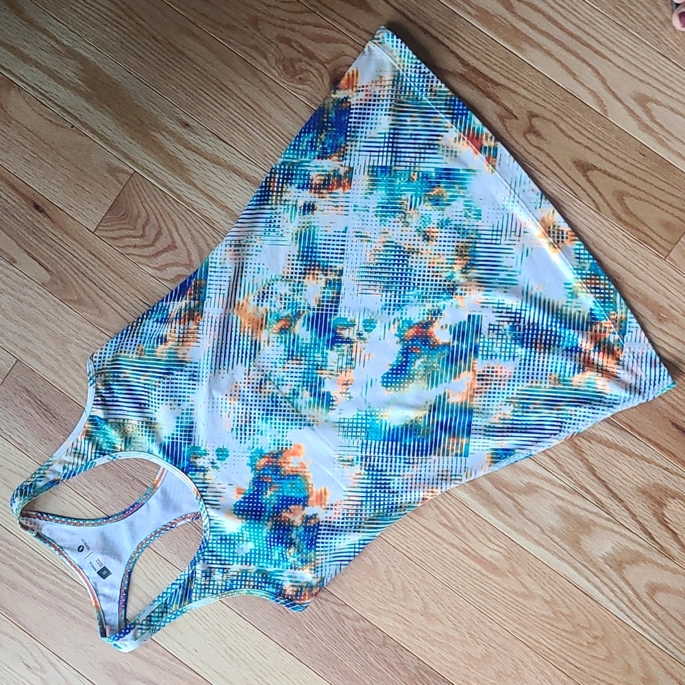 Xersion Racerback Semi-Fit Workout Tank Top. Sz S. Blue/Orange/Wht EUC